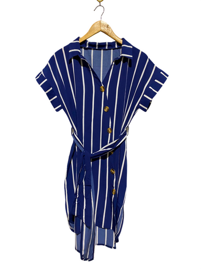 |XL| BUST 22| A6| ROYAL BLUE AND WHITE VERTICAL STRIPED BUTTON-FRONT BELTED SHIRT DRESS