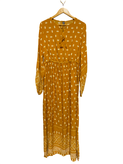 SHEIN |XL| BUST 20| A6| MUSTARD YELLOW BOHO PRINT TASSEL-TIE MAXI DRESS