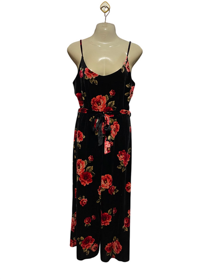 PRIMARK |M| BUST 30| A7| BLACK VELVET RED FLORAL PRINT CAMI BELTED JUMPSUIT
