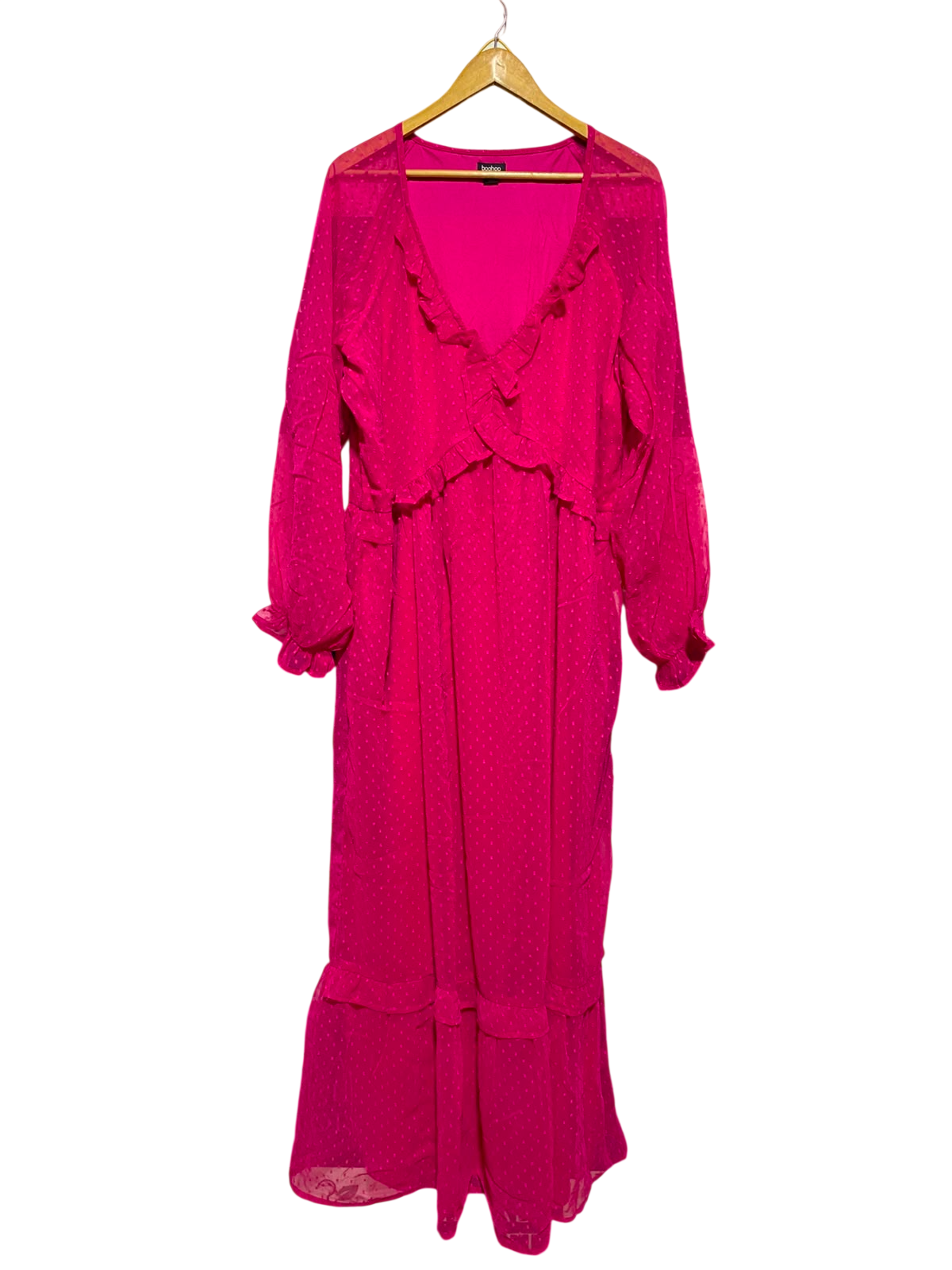 BOOHOO |XL| BUST 23| A7| HOT PINK DOBBY CHIFFON RUFFLE V-NECK MAXI DRESS