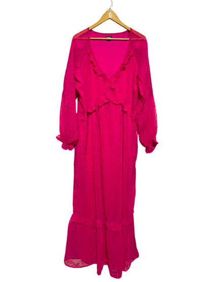 BOOHOO |XL| BUST 23| A7| HOT PINK DOBBY CHIFFON RUFFLE V-NECK MAXI DRESS
