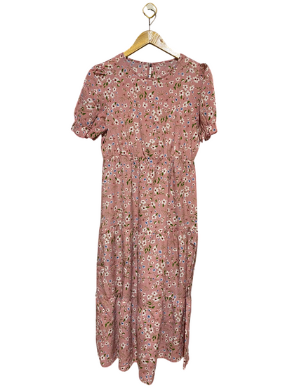SHEIN |M| BUST 18| A7| DUSTY PINK DITSY FLORAL PRINT SHORT PUFF-SLEEVE TIERED MAXI DRESS