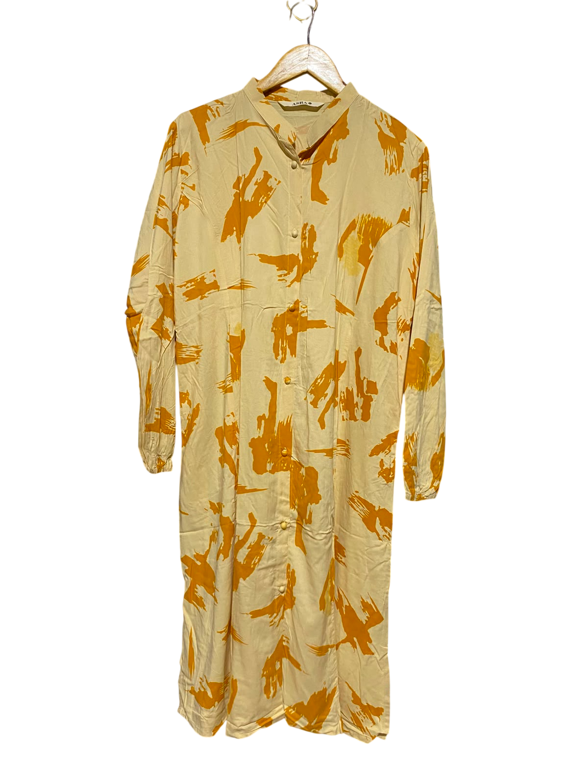 ASRA |XL| BUST 23| A7| CREAM AND MUSTARD ABSTRACT BRUSHSTROKE BUTTON-FRONT MAXI SHIRT DRESS