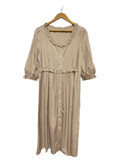 SHEIN |L| BUST 19| A7| BEIGE RUFFLE-TRIMMED BUTTON-FRONT EMPIRE WAIST MIDI DRESS