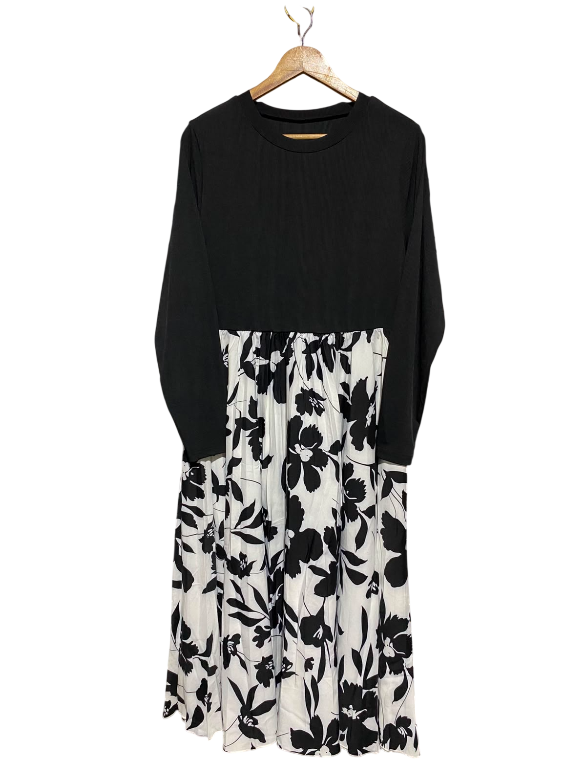 SHEIN CURVE |XL| BUST 19| A7| BLACK SOLID RIB-KNIT AND FLORAL PRINT CONTRAST MAXI DRESS