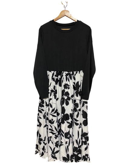 SHEIN CURVE |XL| BUST 19| A7| BLACK SOLID RIB-KNIT AND FLORAL PRINT CONTRAST MAXI DRESS