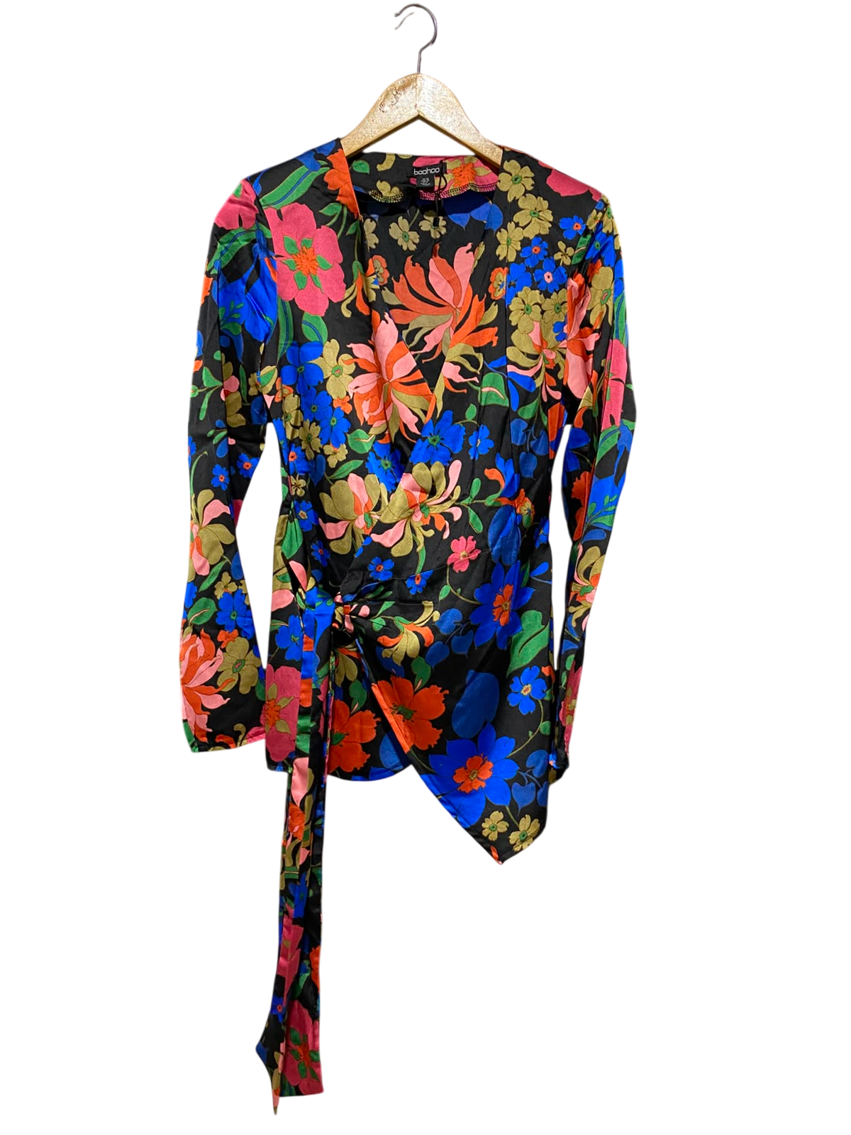 BOOHOO |S| BUST 17| A7| MULTICOLOR VIBRANT FLORAL PRINT WRAP TIE TOP