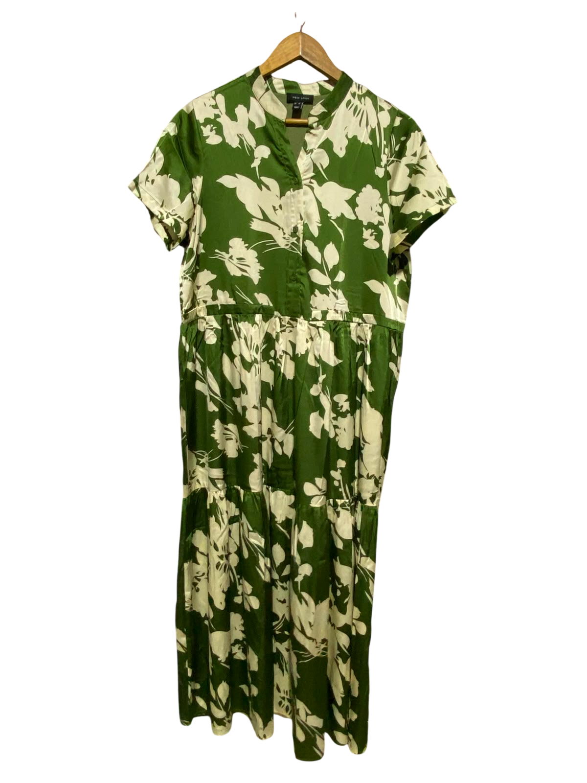 NEW LOOK |L| BUST 20| A7| EMERALD GREEN FLORAL PRINT MANDARIN COLLAR TIERED MAXI DRESS