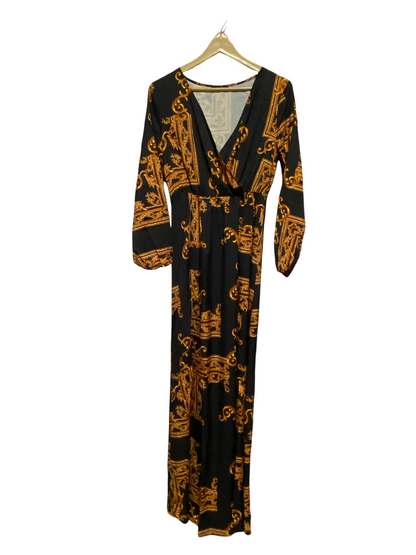 SHEIN |M| BUST 18| A7| BLACK AND GOLD BAROQUE PRINT SURPLICE V-NECK MAXI DRESS