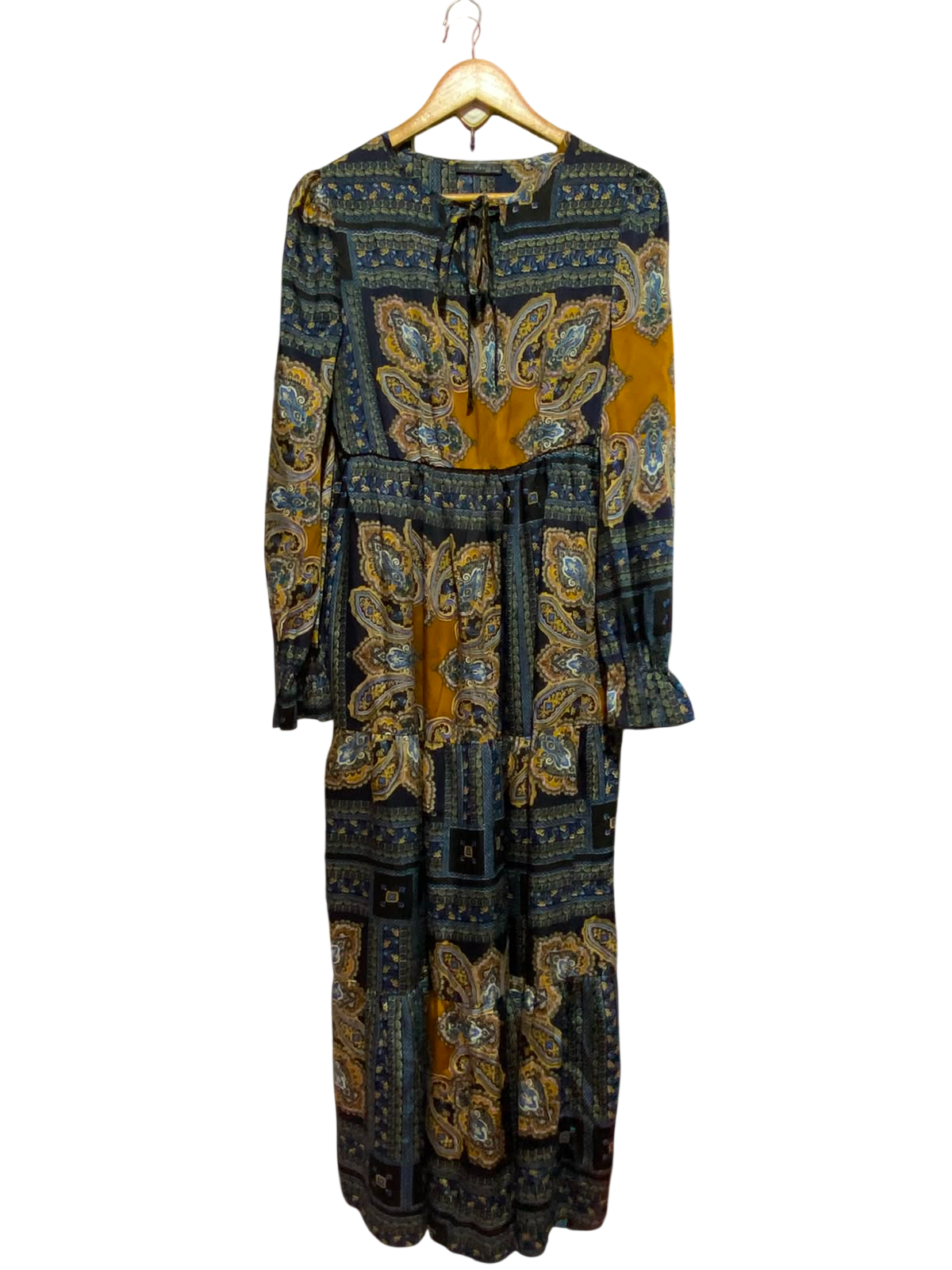 EMERY ROSE |L| BUST 18| A7| BOHEMIAN PAISLEY PRINT TIE-NECK TIERED MAXI DRESS