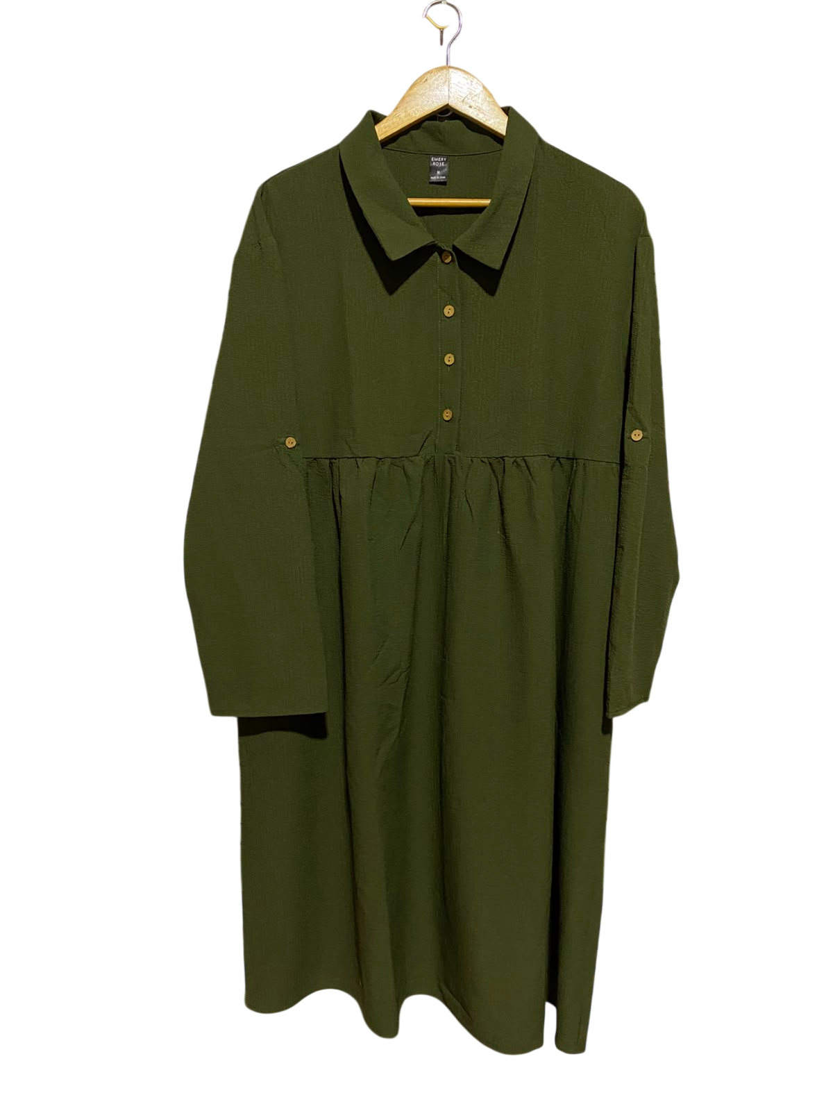 EMERY ROSE |M| BUST 21| A7| OLIVE GREEN COLLARED BUTTON-FRONT LONG-SLEEVE EMPIRE WAIST MIDI DRESS