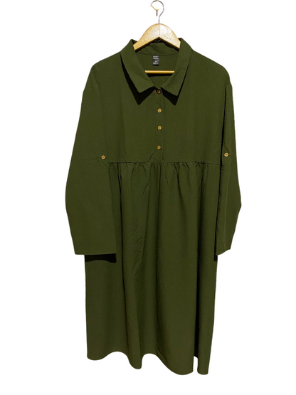EMERY ROSE |M| BUST 21| A7| OLIVE GREEN COLLARED BUTTON-FRONT LONG-SLEEVE EMPIRE WAIST MIDI DRESS