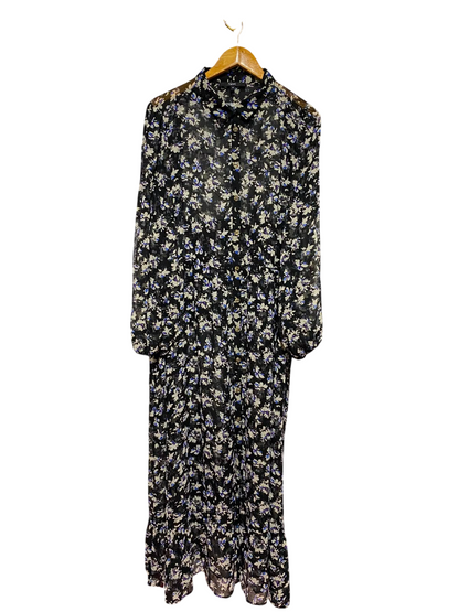 NEXT |XL| BUST 22| A7| BLACK FLORAL PRINT CHIFFON BUTTON-FRONT MAXI SHIRT DRESS