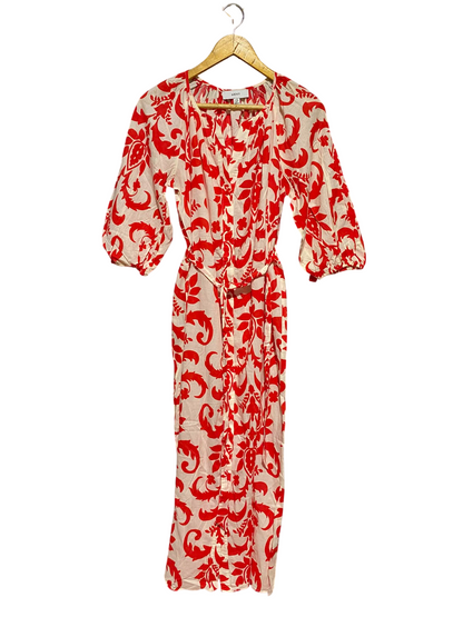 NEXT |M| BUST FREE| A7| RED AND CREAM DAMASK PRINT TIE-WAIST MAXI DRESS