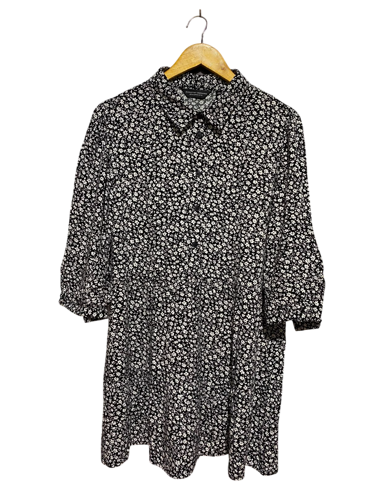 DOROTHY PERKINS |XL| BUST 22| A7| BLACK FLORAL PRINT COLLARED MINI SMOCK DRESS