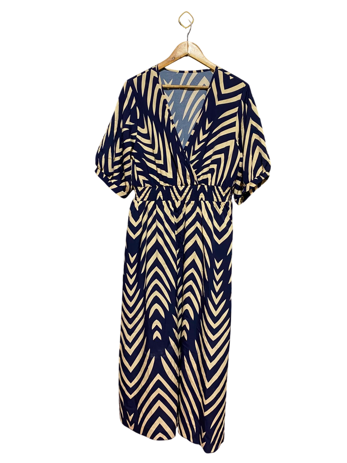 SHEIN |XXL| BUST 19| A7| NAVY BLUE AND CREAM GEOMETRIC CHEVRON V-NECK MAXI DRESS