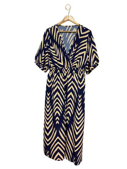 SHEIN |XXL| BUST 19| A7| NAVY BLUE AND CREAM GEOMETRIC CHEVRON V-NECK MAXI DRESS