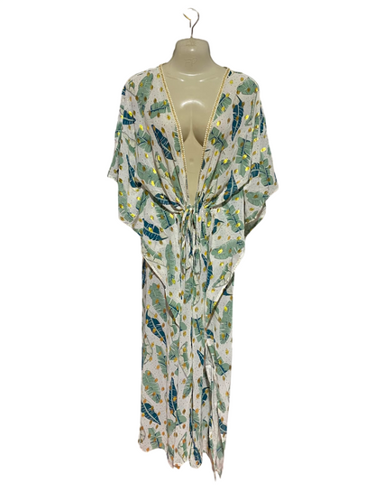 STELLA MORGAN |M| BUST FREE| A7| LUXURIOUS TROPICAL LEAF PRINT PEARL-TRIMMED KAFTAN MAXI DRESS COVER-UP