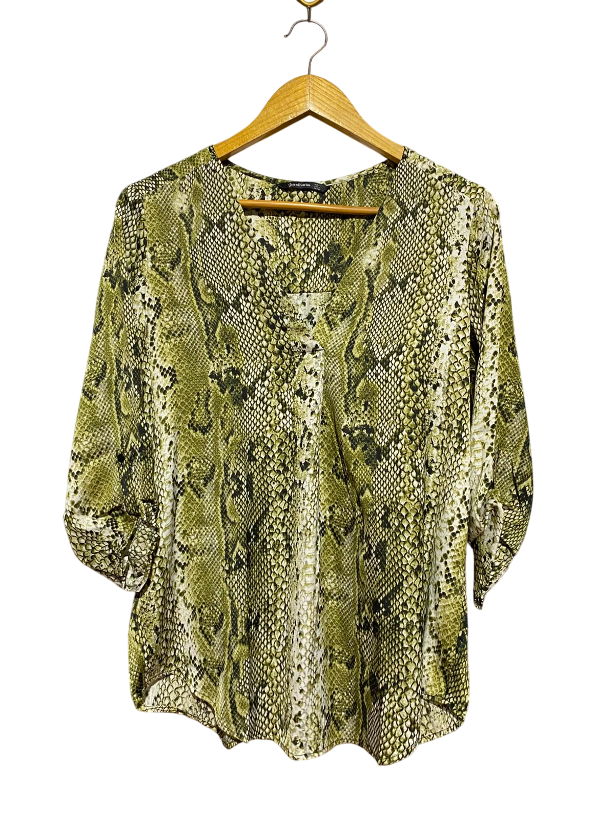 STRADIVARIUS |L| BUST 20| A7| OLIVE GREEN SNAKESKIN PRINT V-NECK ROLL-TAB BLOUSE