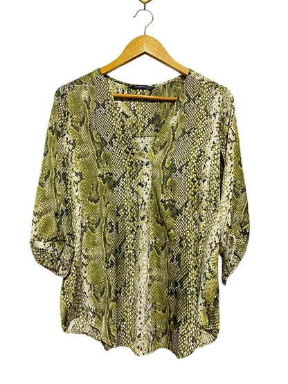 STRADIVARIUS |L| BUST 20| A7| OLIVE GREEN SNAKESKIN PRINT V-NECK ROLL-TAB BLOUSE