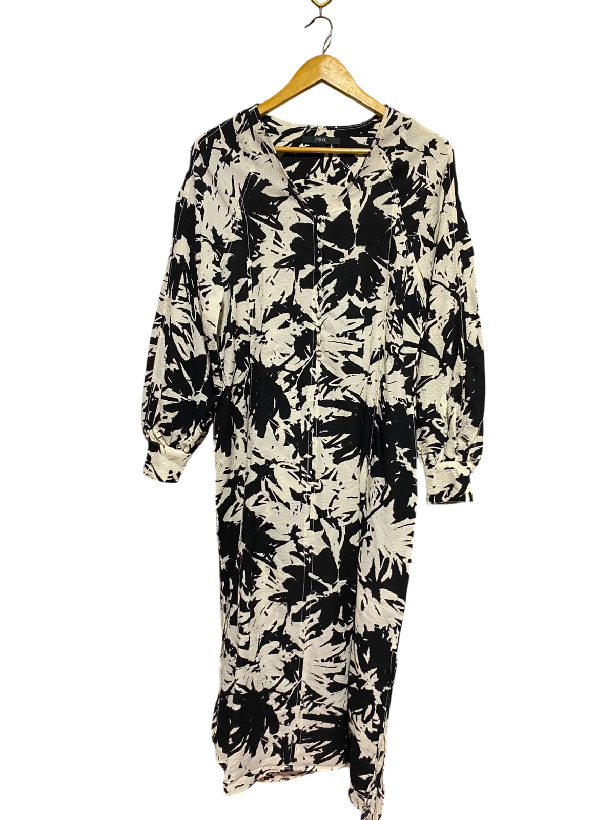NEXT |S| BUST 18| A7| MONOCHROME ABSTRACT FLORAL PRINT V-NECK MAXI DRESS