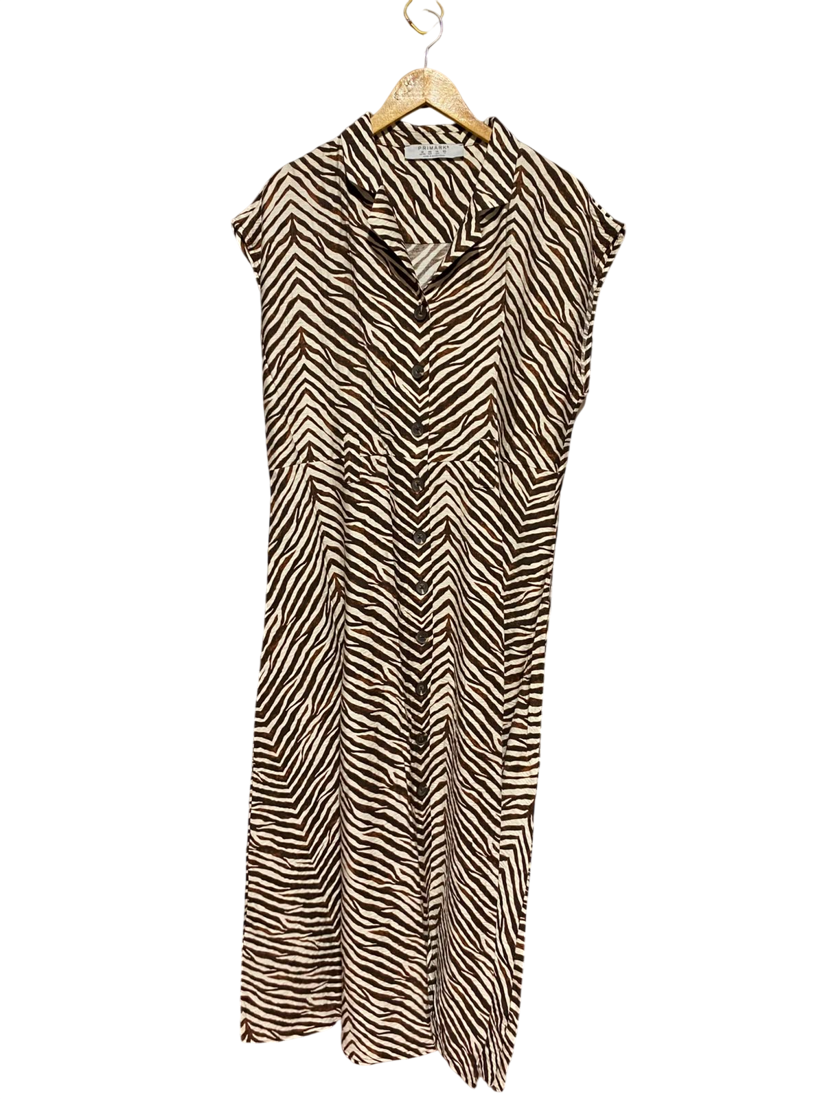 PRIMARK |M| BUST 20| A7| BROWN ZEBRA PRINT SLEEVELESS BUTTON-DOWN MIDI SHIRT DRESS