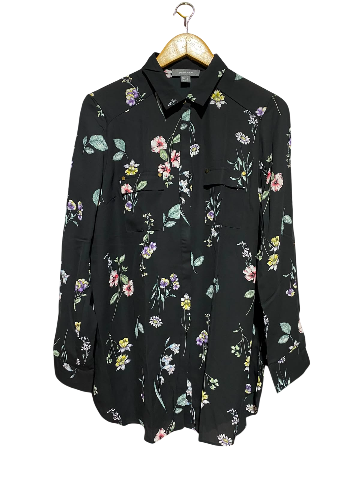 PRIMARK |L| BUST 22| A7| BLACK FLORAL PRINT LONG-SLEEVE BUTTON-DOWN TUNIC BLOUSE