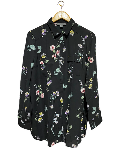 PRIMARK |L| BUST 22| A7| BLACK FLORAL PRINT LONG-SLEEVE BUTTON-DOWN TUNIC BLOUSE