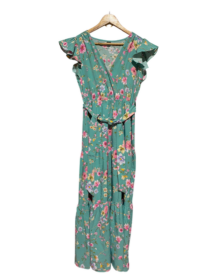 SHEIN |L| BUST 18| A7| SAGE GREEN FLORAL PRINT FLUTTER SLEEVE TIERED MAXI DRESS