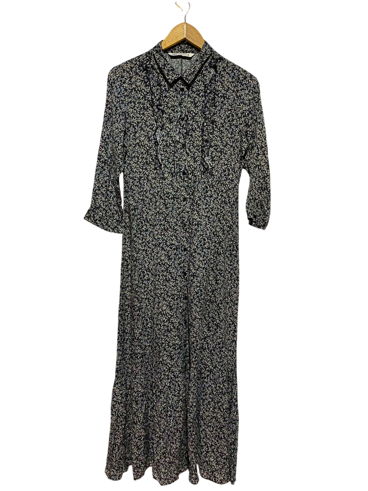 ZARA |M| BUST 18| A7| ELEGANT BLACK FLORAL PRINT RUFFLED BUTTON-DOWN MAXI DRESS