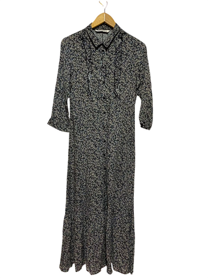 ZARA |M| BUST 18| A7| ELEGANT BLACK FLORAL PRINT RUFFLED BUTTON-DOWN MAXI DRESS