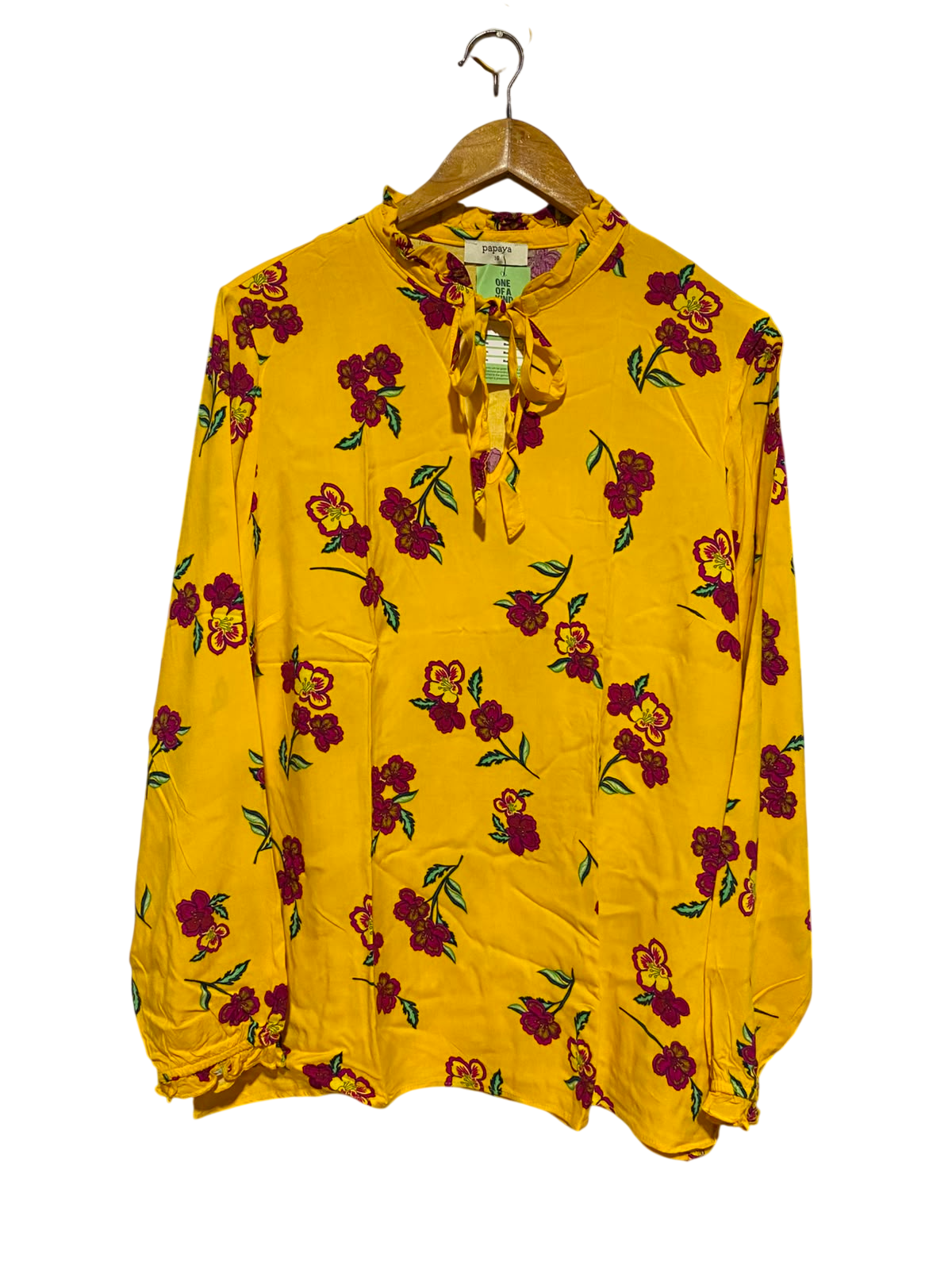 PAPAYA |M| BUST 20| A7| VIBRANT YELLOW FLORAL TIE-NECK LONG-SLEEVE BLOUSE