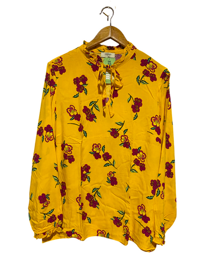 PAPAYA |M| BUST 20| A7| VIBRANT YELLOW FLORAL TIE-NECK LONG-SLEEVE BLOUSE