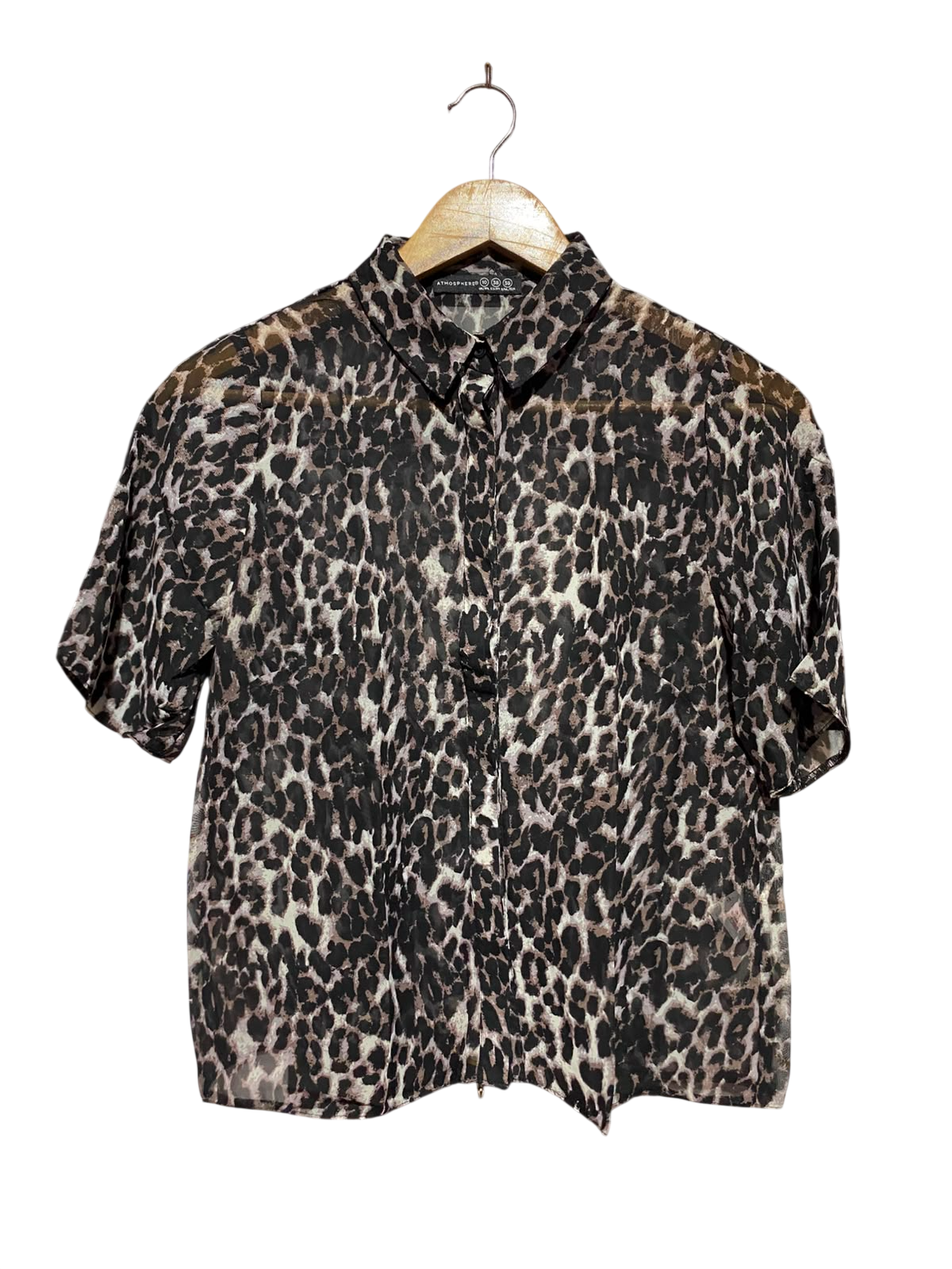 ATMOSPHERE |S| BUST 17| A7| CHIC LEOPARD PRINT SHORT-SLEEVE BUTTON-DOWN CHIFFON BLOUSE