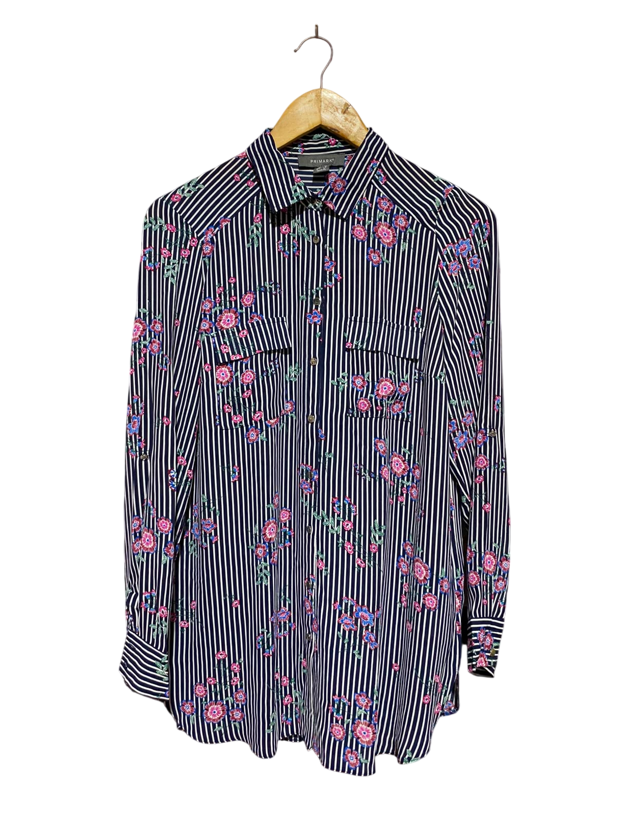 PRIMARK |M| BUST 20| A7| NAVY STRIPED FLORAL PRINT BUTTON-DOWN TUNIC SHIRT