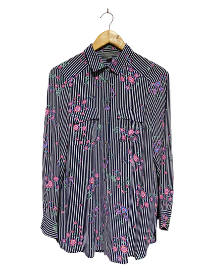 PRIMARK |M| BUST 20| A7| NAVY STRIPED FLORAL PRINT BUTTON-DOWN TUNIC SHIRT