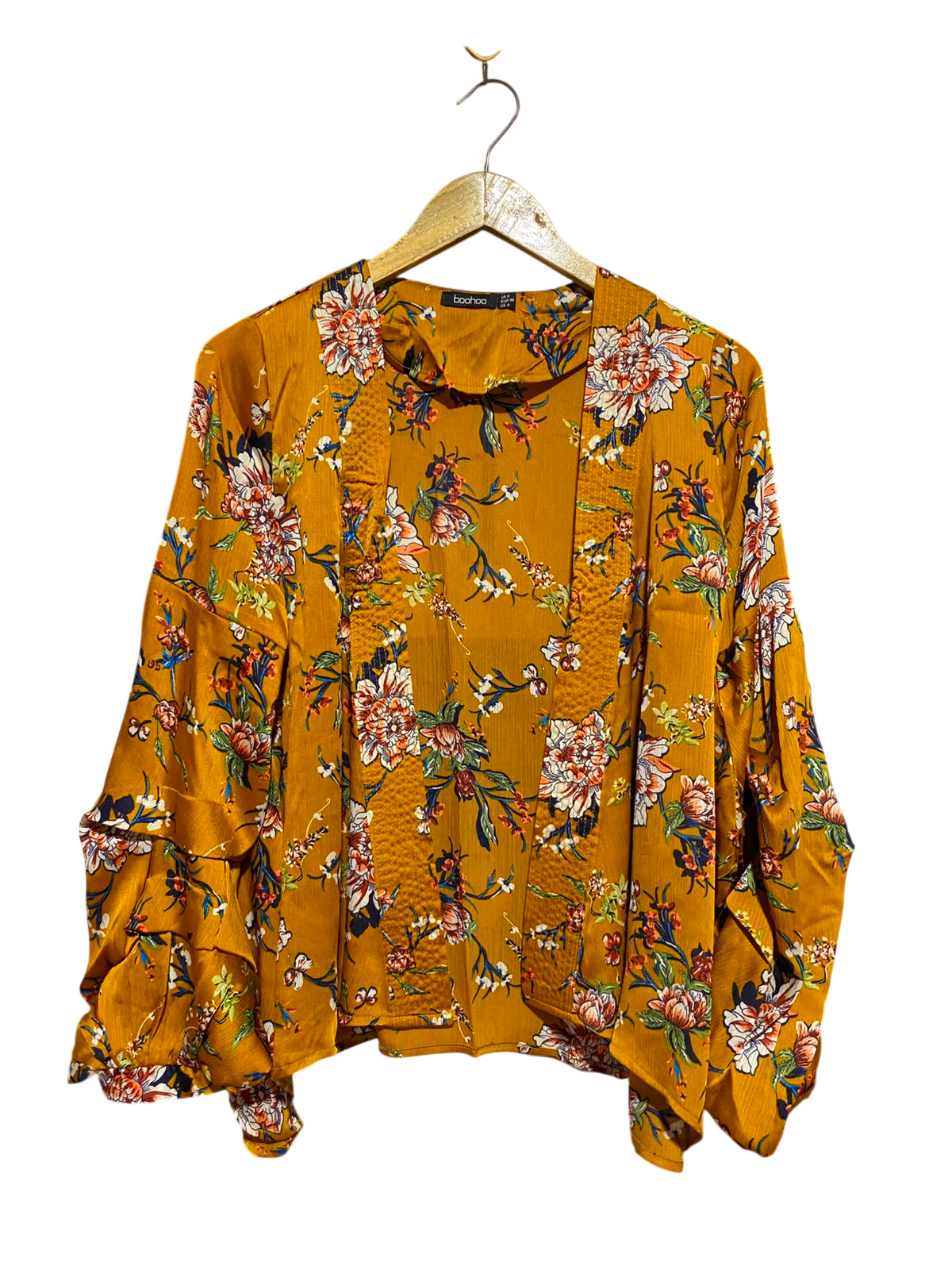 BOOHOO |S| BUST 19| A7| VIBRANT MUSTARD YELLOW FLORAL PRINT OPEN-FRONT KIMONO
