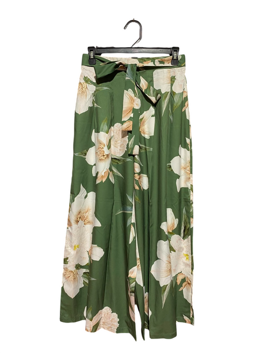 SHEIN |M| WAIST 26| A7| ELEGANT GREEN FLORAL WIDE-LEG PALAZZO PANTS WITH TIE-WAIST