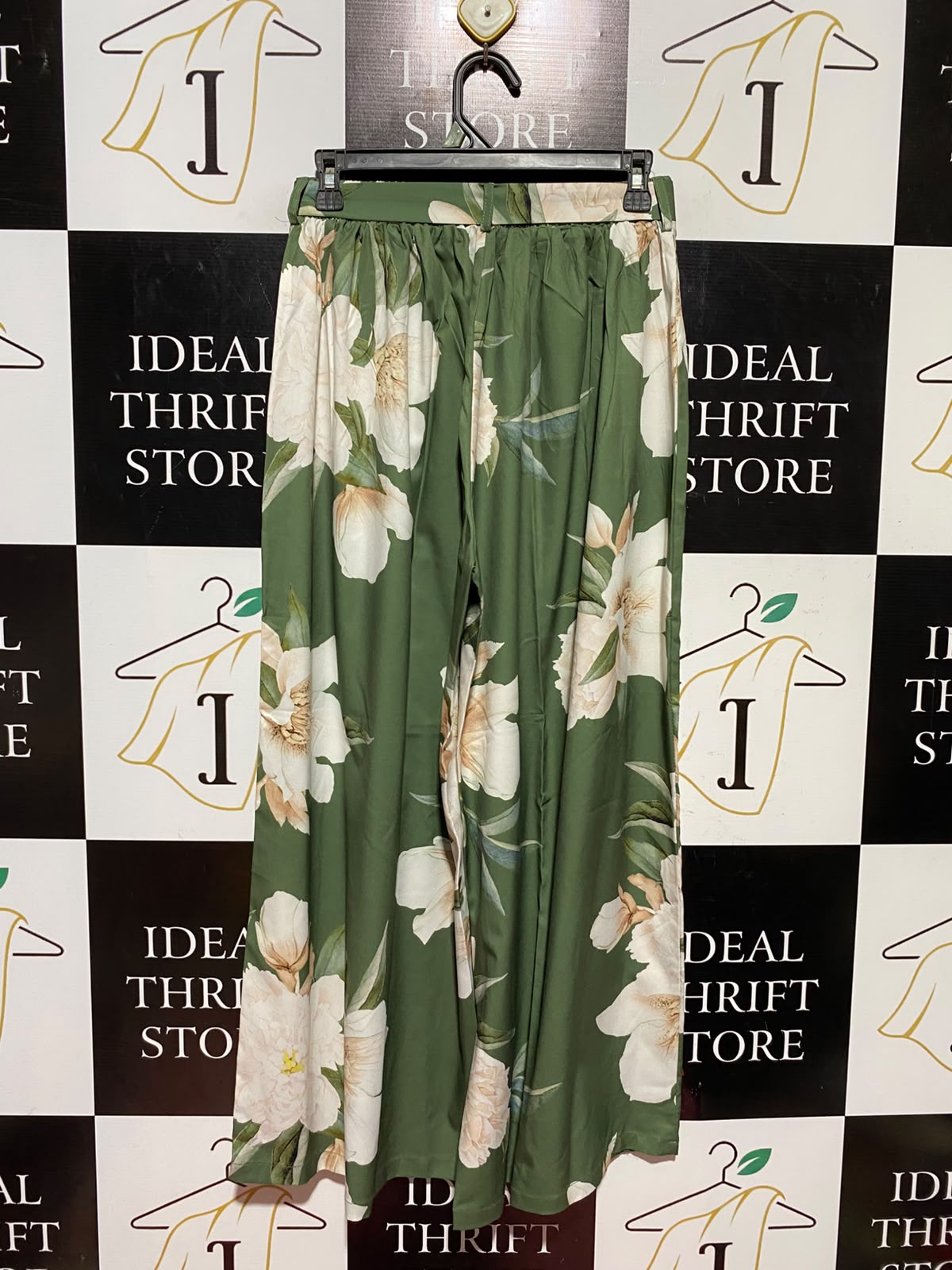 SHEIN |M| WAIST 26| A7| ELEGANT GREEN FLORAL WIDE-LEG PALAZZO PANTS WITH TIE-WAIST