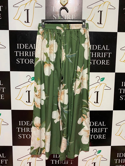 SHEIN |M| WAIST 26| A7| ELEGANT GREEN FLORAL WIDE-LEG PALAZZO PANTS WITH TIE-WAIST