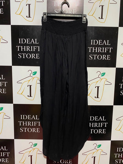 PRIMARK CARES |XS| WAIST 24| A7| CHIC BLACK SMOCKED HIGH-WAISTED WIDE-LEG PALAZZO PANTS