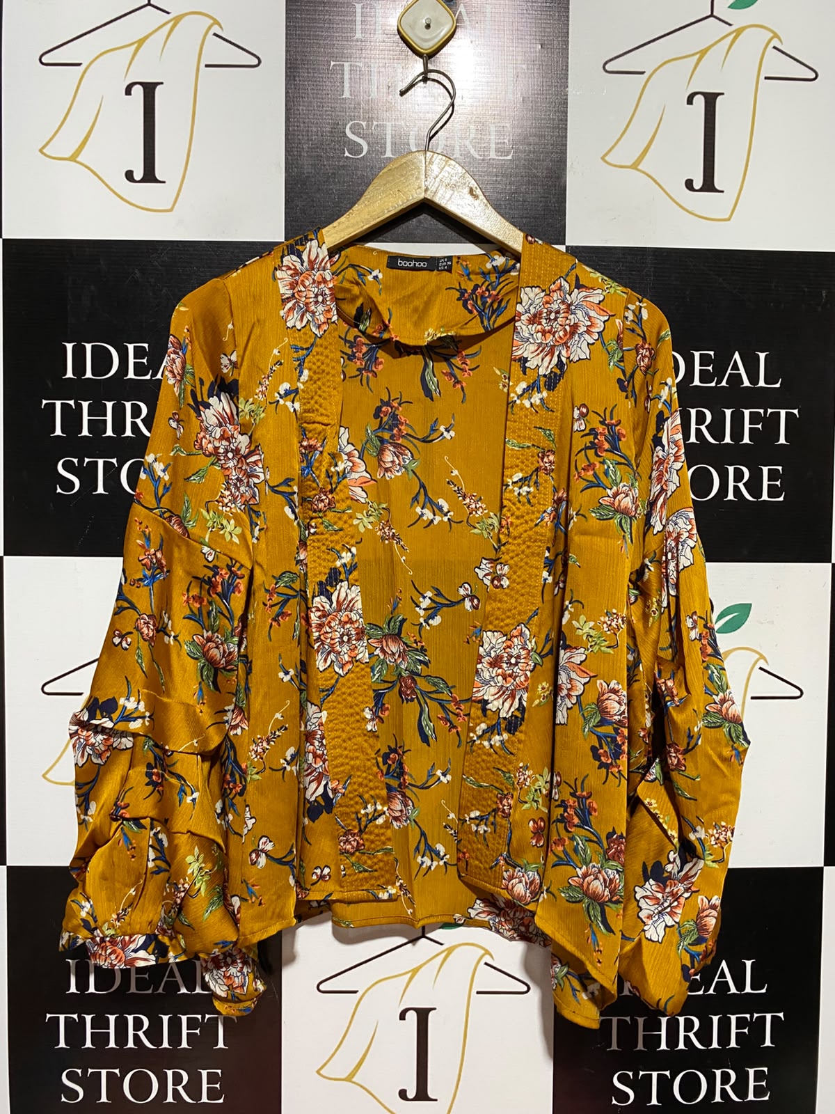 BOOHOO |S| BUST 19| A7| VIBRANT MUSTARD YELLOW FLORAL PRINT OPEN-FRONT KIMONO
