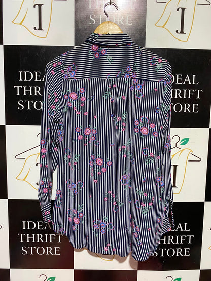 PRIMARK |M| BUST 20| A7| NAVY STRIPED FLORAL PRINT BUTTON-DOWN TUNIC SHIRT