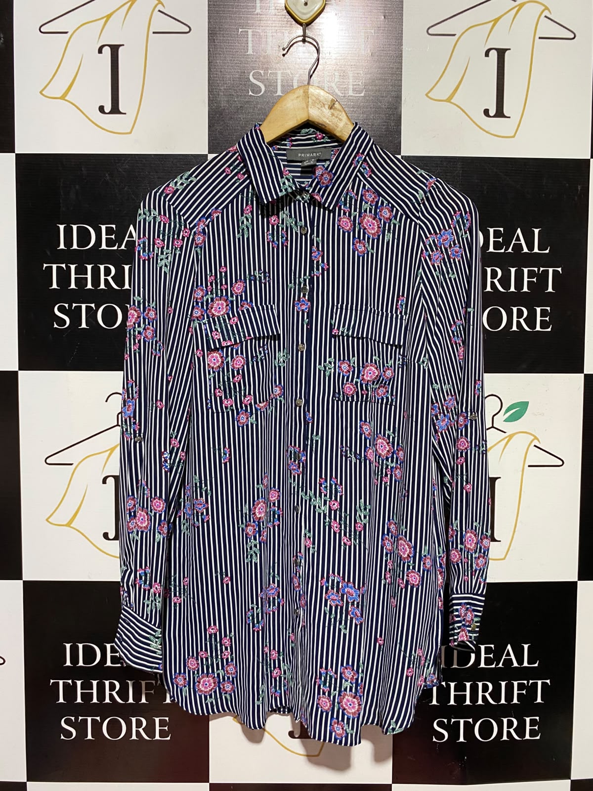 PRIMARK |M| BUST 20| A7| NAVY STRIPED FLORAL PRINT BUTTON-DOWN TUNIC SHIRT