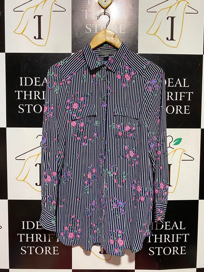 PRIMARK |M| BUST 20| A7| NAVY STRIPED FLORAL PRINT BUTTON-DOWN TUNIC SHIRT