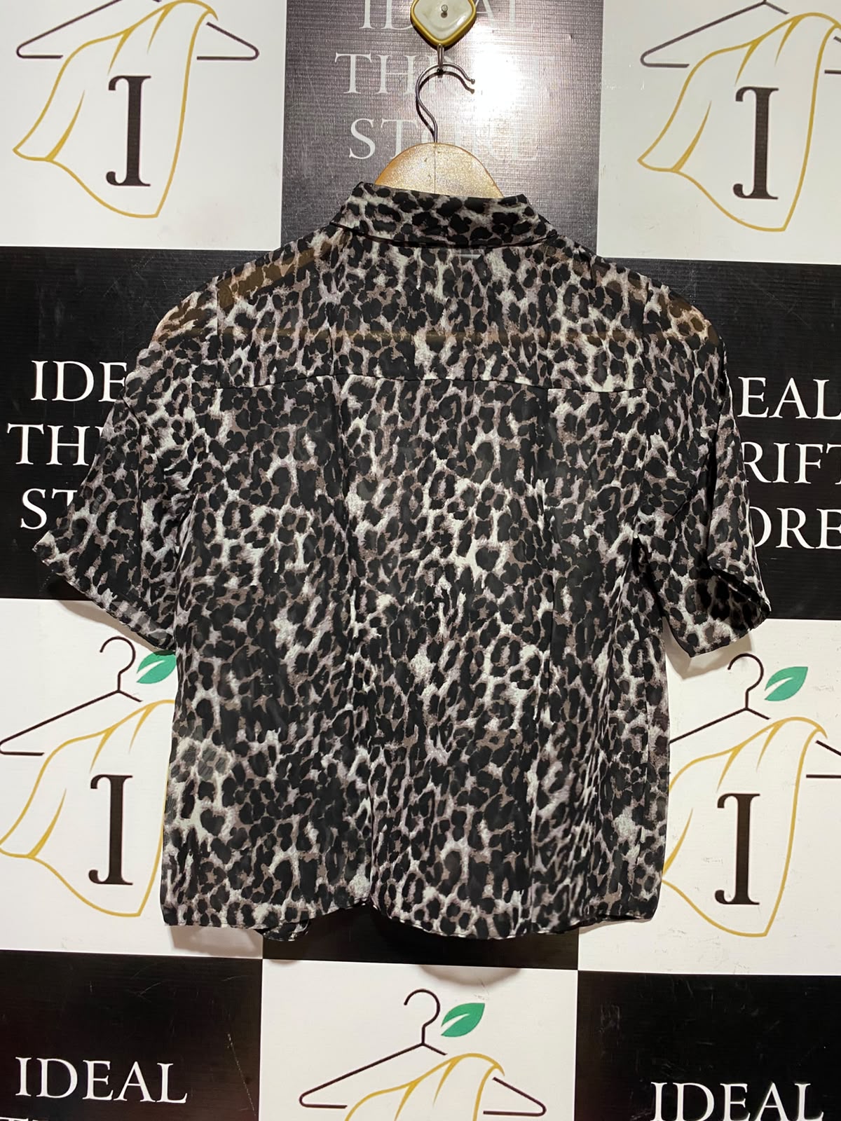 ATMOSPHERE |S| BUST 17| A7| CHIC LEOPARD PRINT SHORT-SLEEVE BUTTON-DOWN CHIFFON BLOUSE