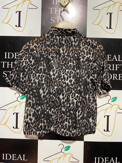 ATMOSPHERE |S| BUST 17| A7| CHIC LEOPARD PRINT SHORT-SLEEVE BUTTON-DOWN CHIFFON BLOUSE