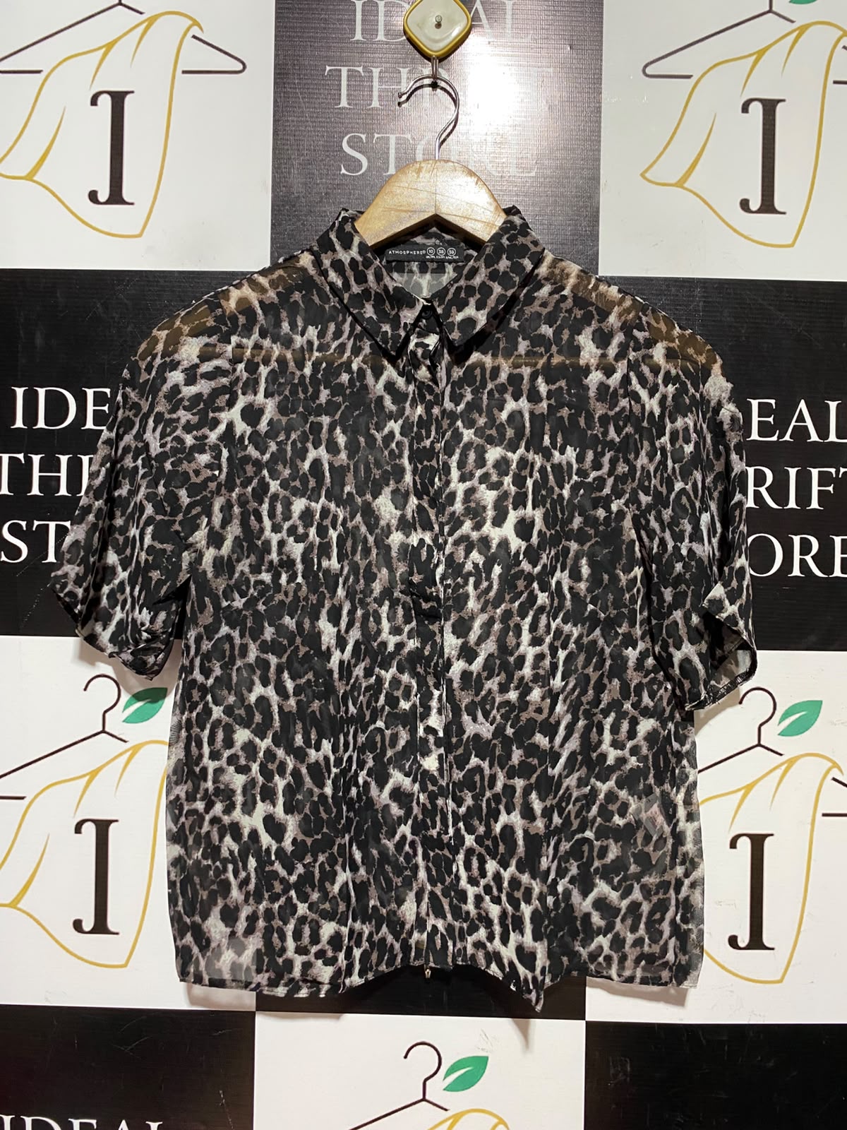 ATMOSPHERE |S| BUST 17| A7| CHIC LEOPARD PRINT SHORT-SLEEVE BUTTON-DOWN CHIFFON BLOUSE