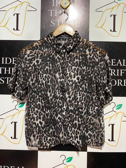 ATMOSPHERE |S| BUST 17| A7| CHIC LEOPARD PRINT SHORT-SLEEVE BUTTON-DOWN CHIFFON BLOUSE