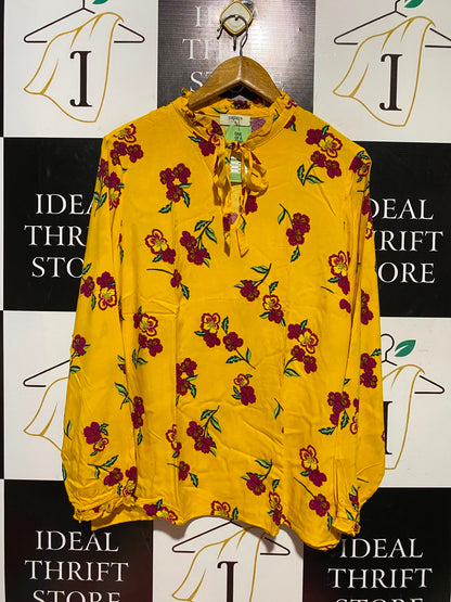 PAPAYA |M| BUST 20| A7| VIBRANT YELLOW FLORAL TIE-NECK LONG-SLEEVE BLOUSE